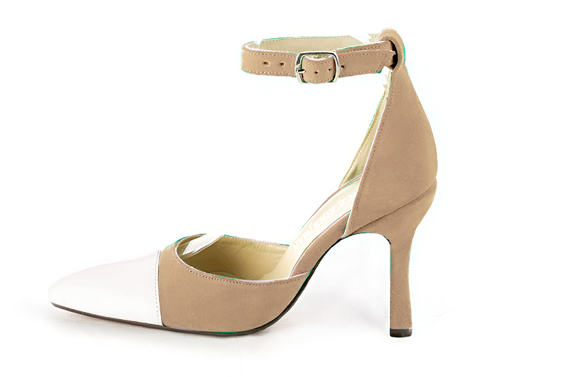 Off white and tan beige women's open side shoes, with a strap around the ankle. Tapered toe. Very high spool heels. Profile view - Florence KOOIJMAN
